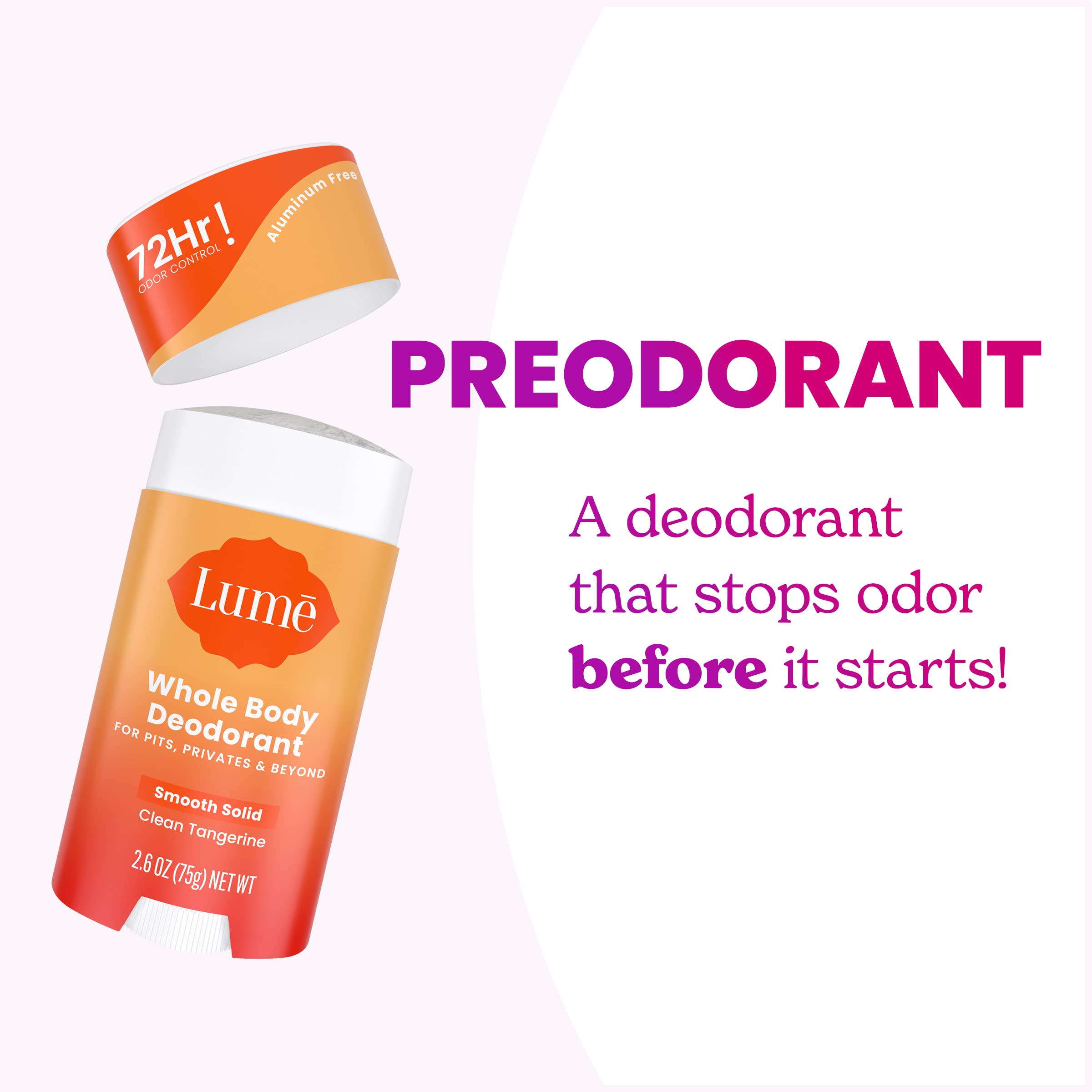Lume aluminum-free, baking-soda-free formula highlighted for sensitive skin.