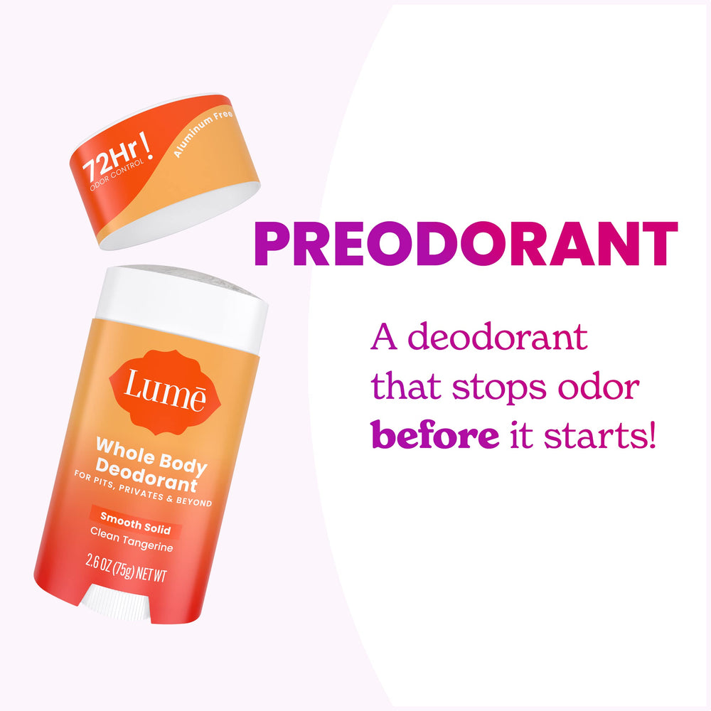 Lume aluminum-free, baking-soda-free formula highlighted for sensitive skin.