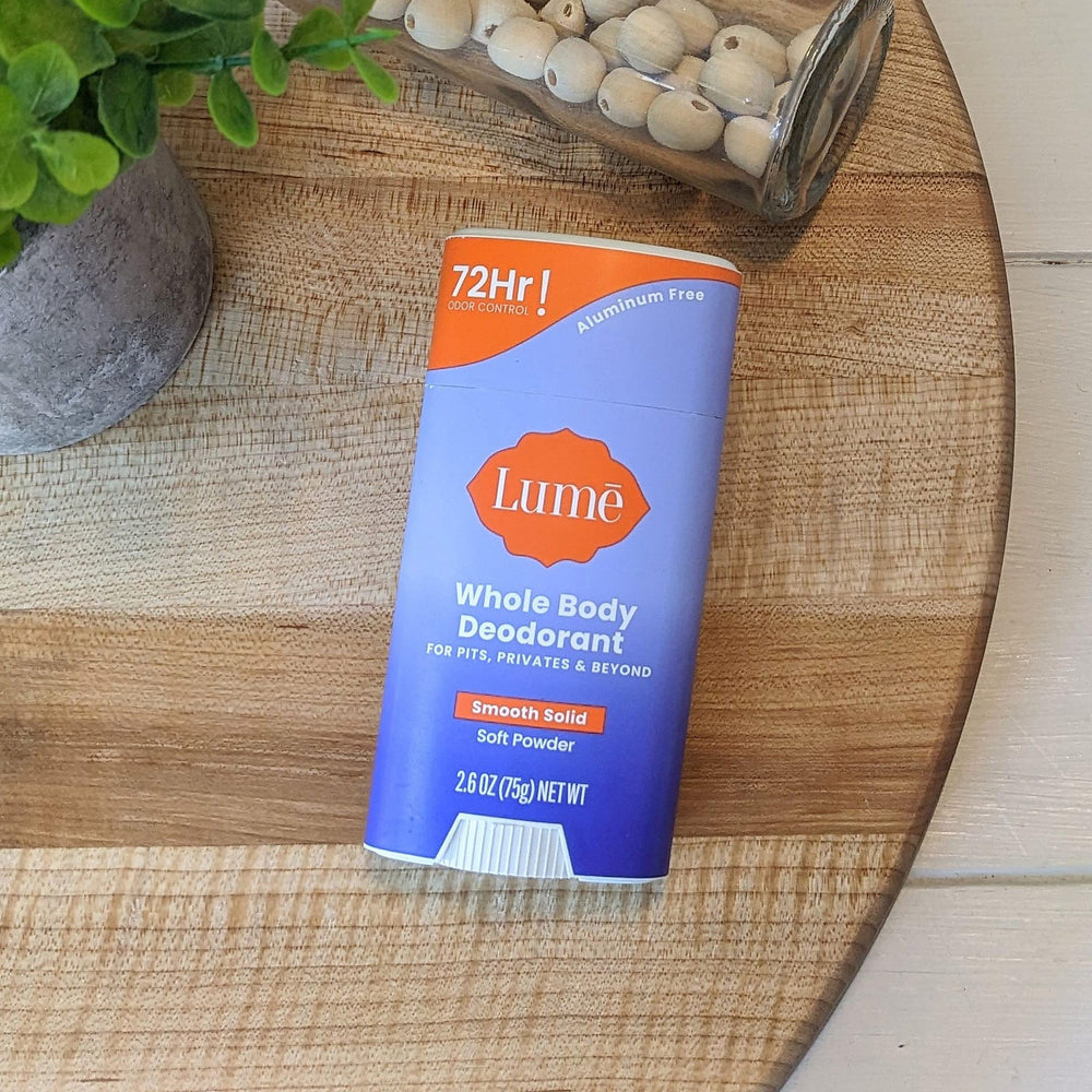 Lume aluminum-free baking soda-free formula highlights skin-friendly care.