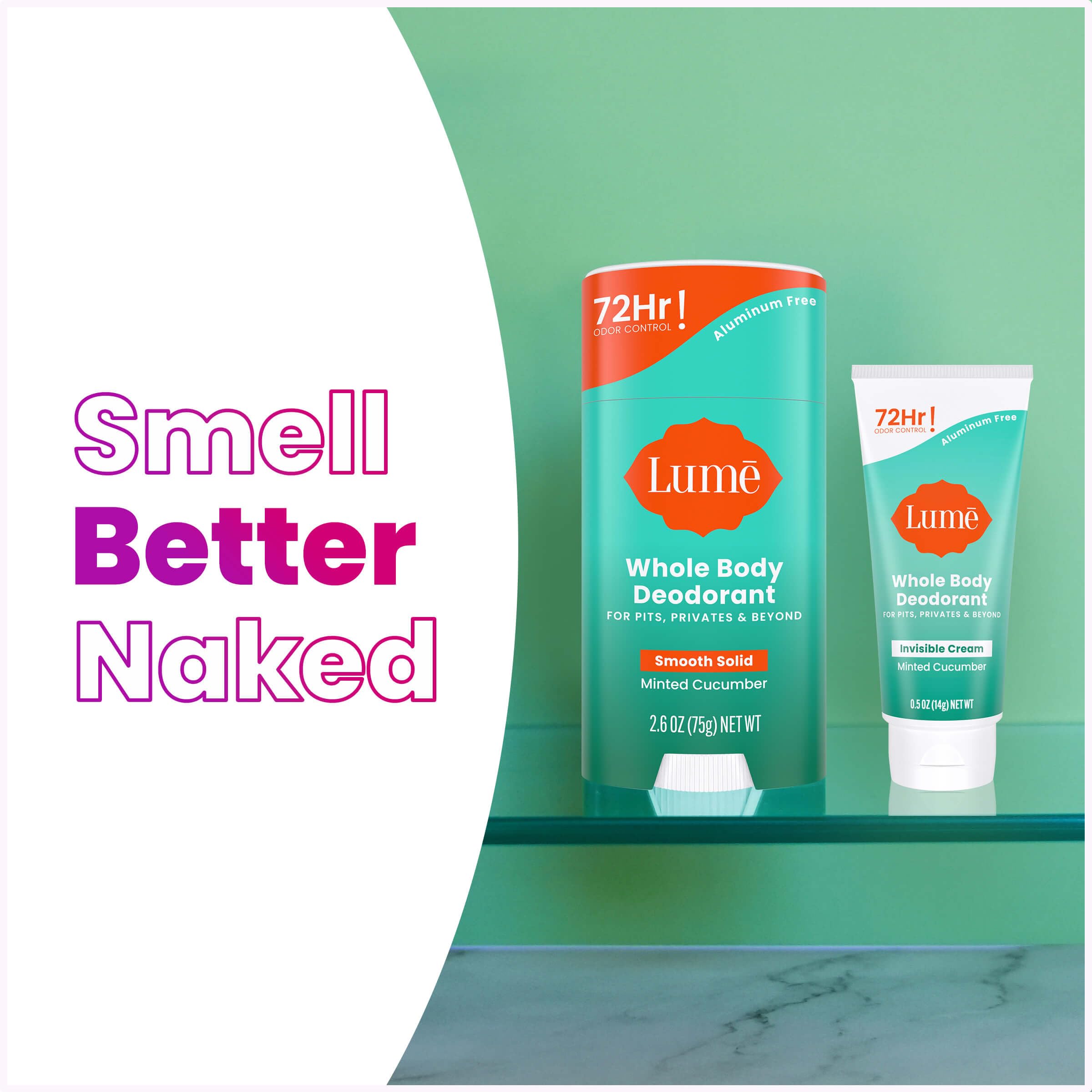 Lume Minted Cucumber application on arm and underarm demonstrates all-over odor prevention