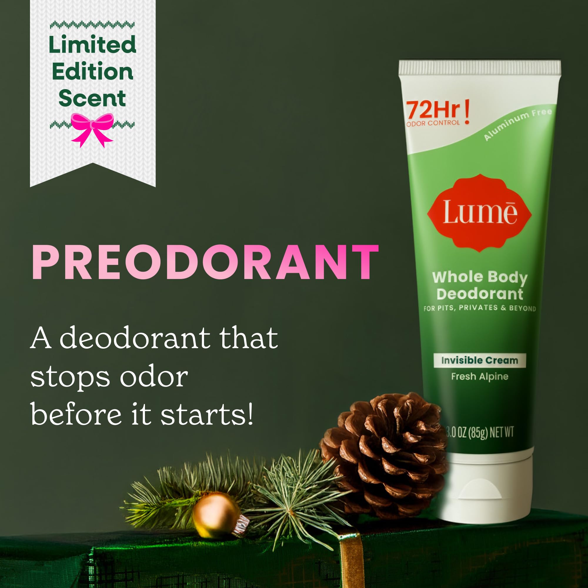 Lume application scene demonstrates pea-sized amount providing 72-hour odor protection
