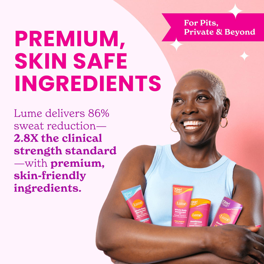 Lume baking soda-free label signals gentle, skin-friendly formula.