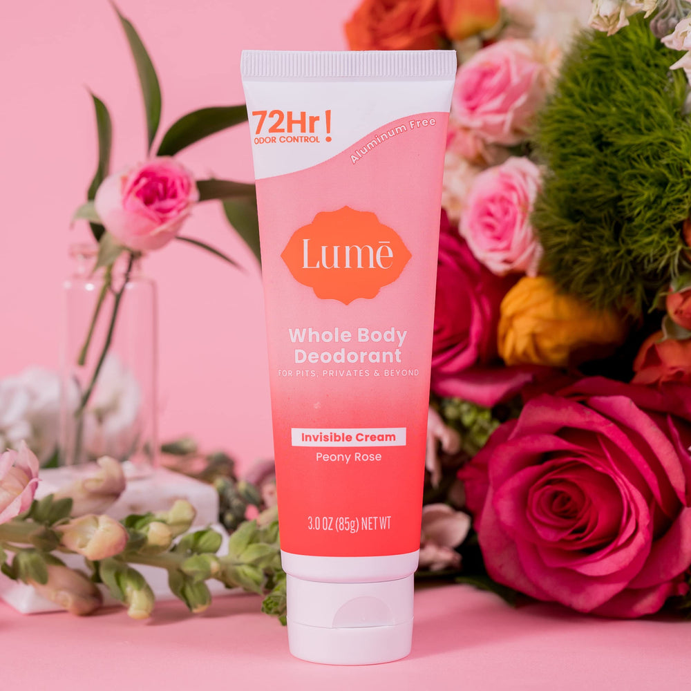 Lume bathroom-scene refresh invites daily routine incorporating fresh Peony Rose scent.