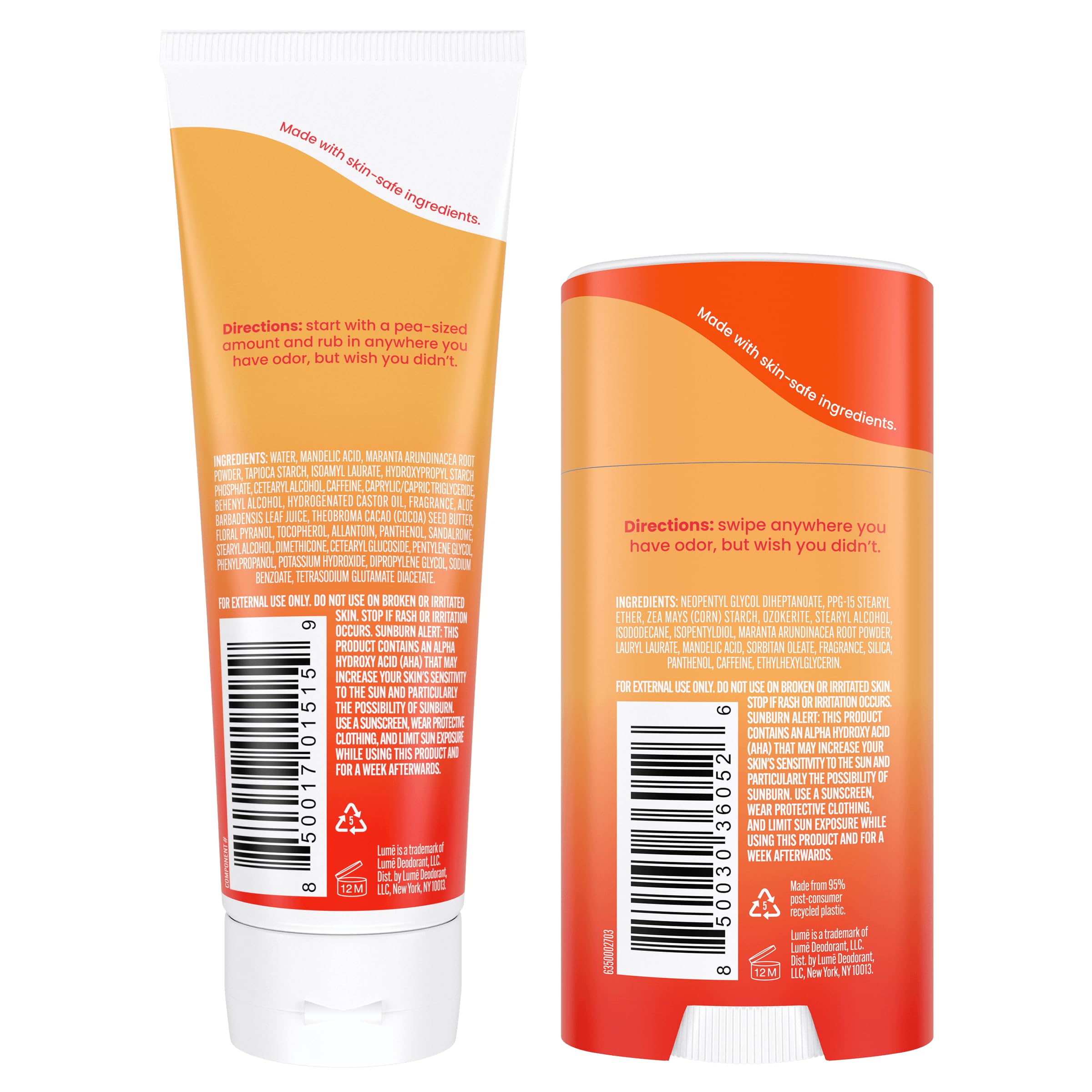 Lume bundle packaging closeup shows aluminum-free and baking soda-free safety features.