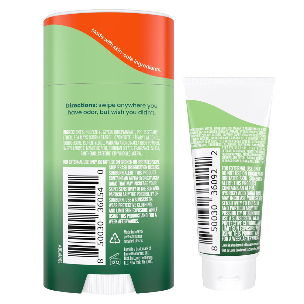 Lume bundle packaging image shows both mini tube and solid stick for travel-friendly use