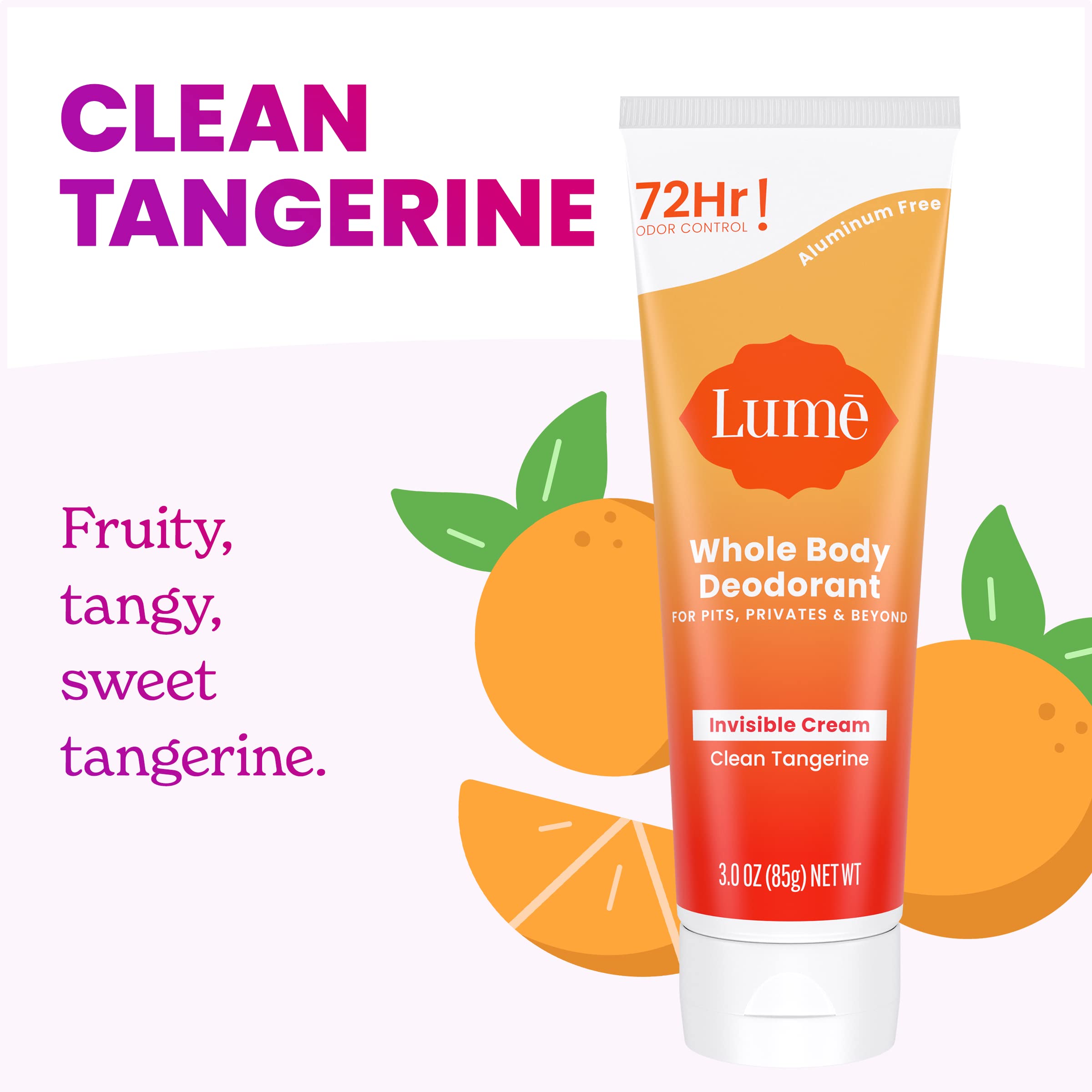 Lume Clean Tangerine packaging shown offering a refreshing citrus scent.