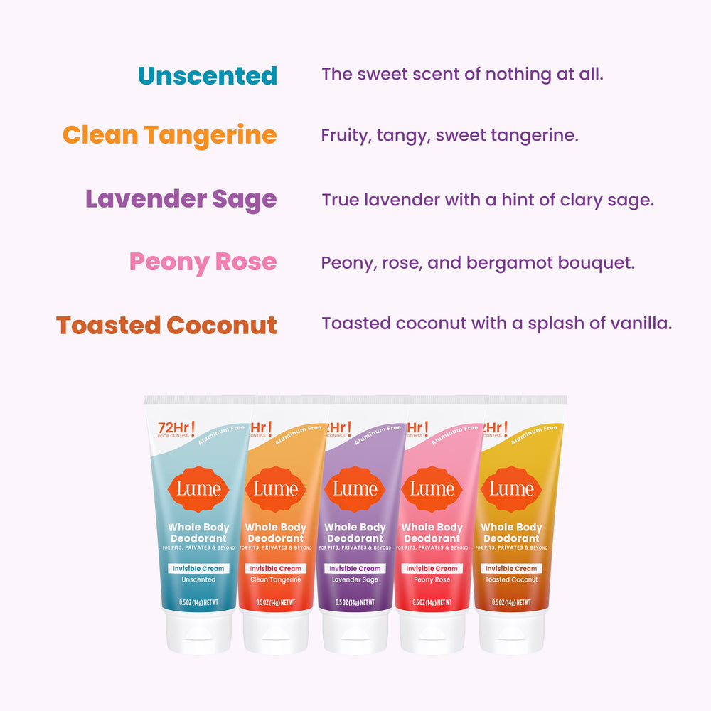 Lume Clean Tangerine tube close-up, citrus scent and aluminum-free formula.