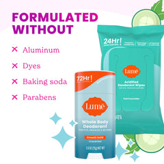 Lume deodorant wipes packaging shows flushable towelettes for easy disposal.