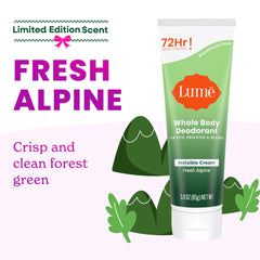 Lume Fresh Alpine packaging showcases aluminum-free formula for skin-safe odor defense
