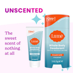 Lume 72-hour odor-control action emphasized for lasting freshness.
