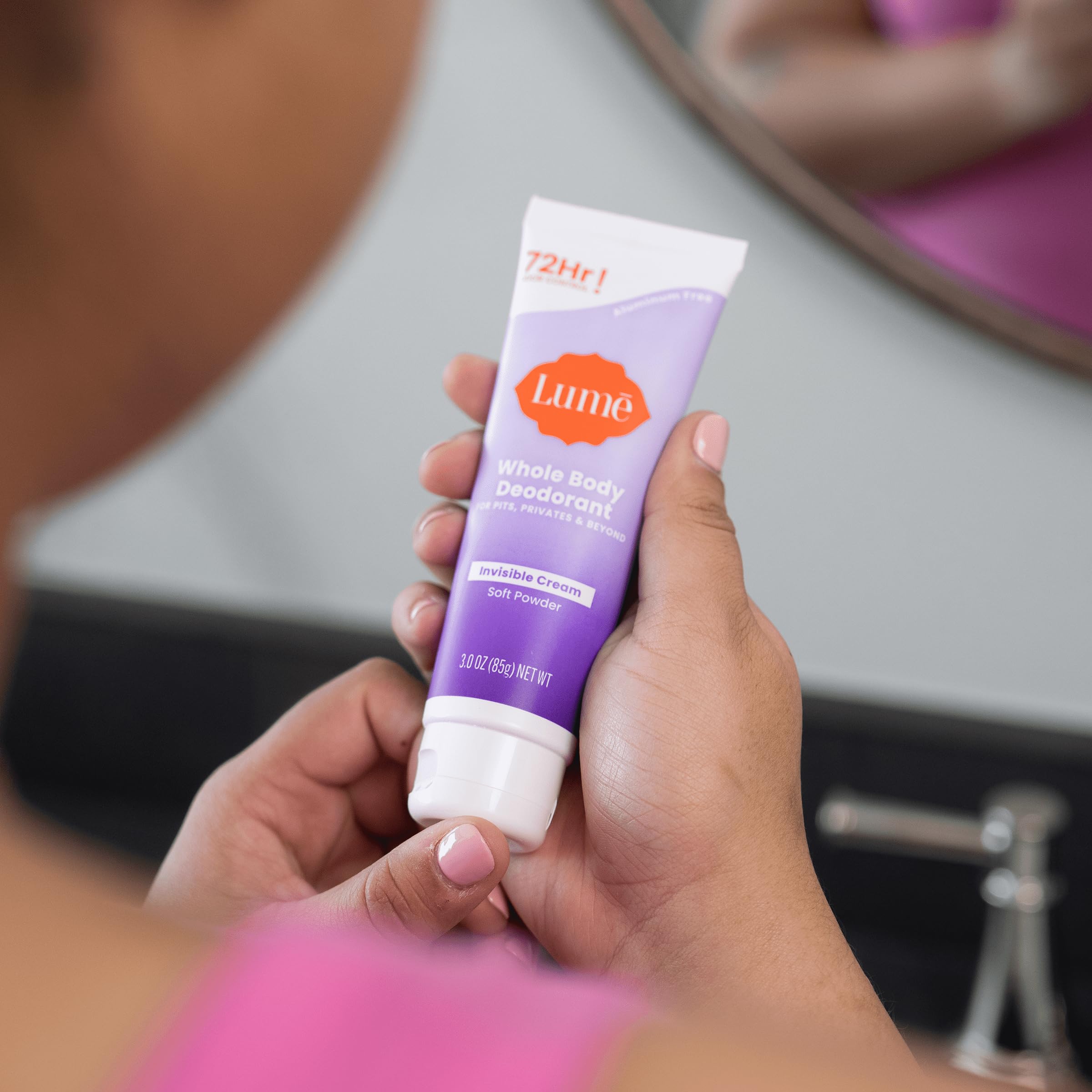 Lume packaging and jar close-up emphasizes skin-safe, baking-soda-free formula.