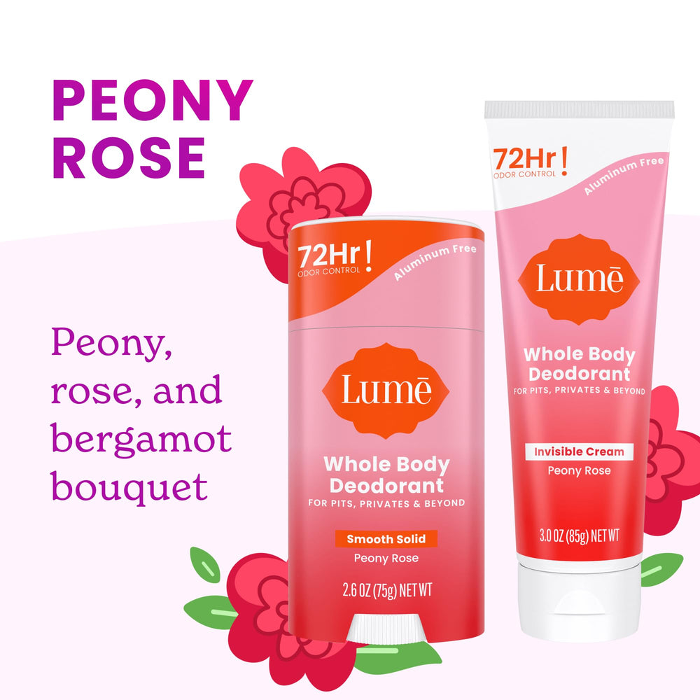 Lume Peony Rose cream on skin demonstrates gentle odor control