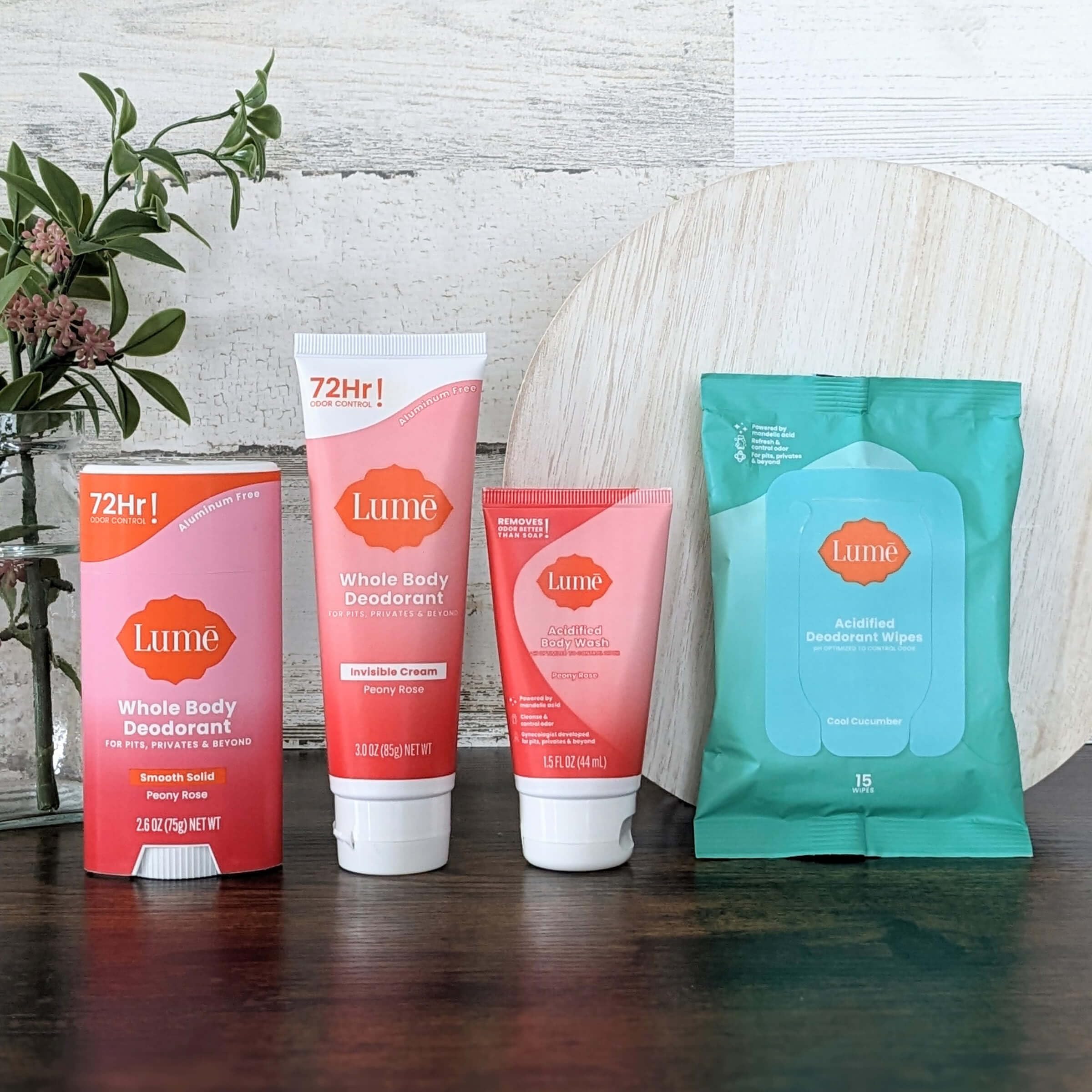 Lume Peony Rose deodorant wipes 15-count on-the-go odor control.