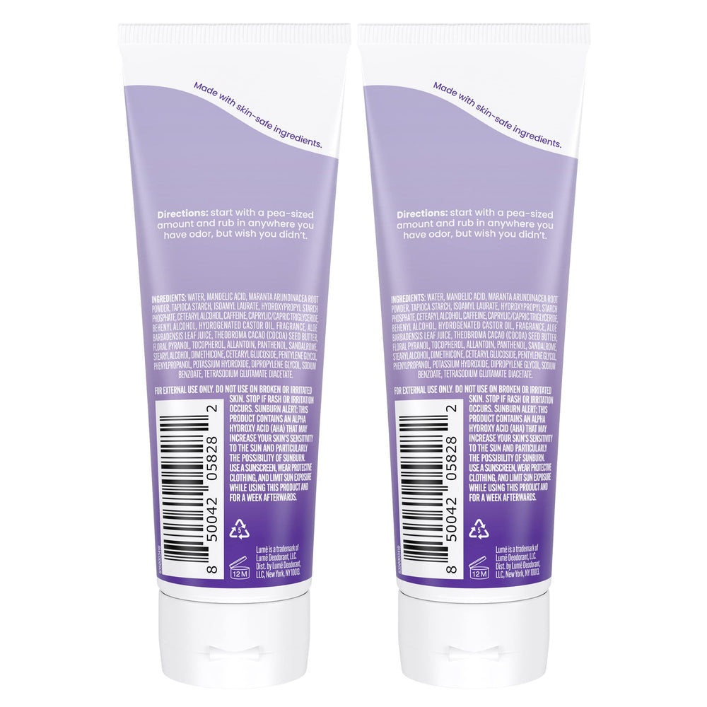 Lume invisible cream on private area visuals show skin-safe, baking soda-free formula.