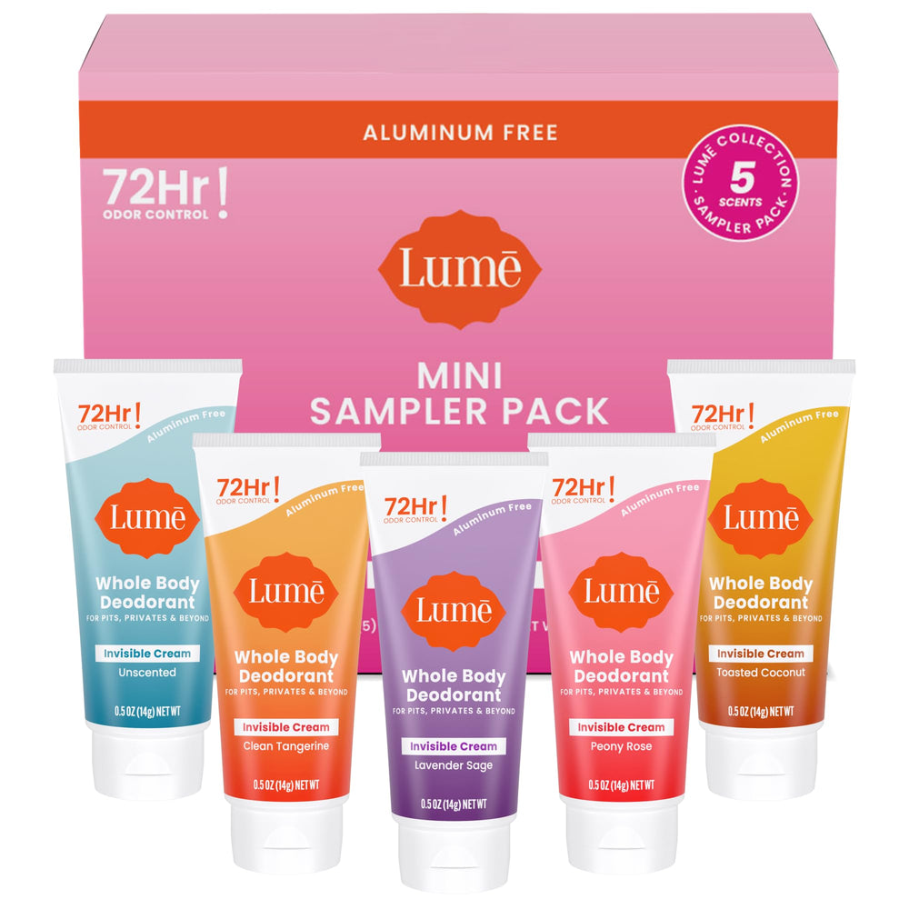 Lume sampler box with five mini tubes for all-over odor control.