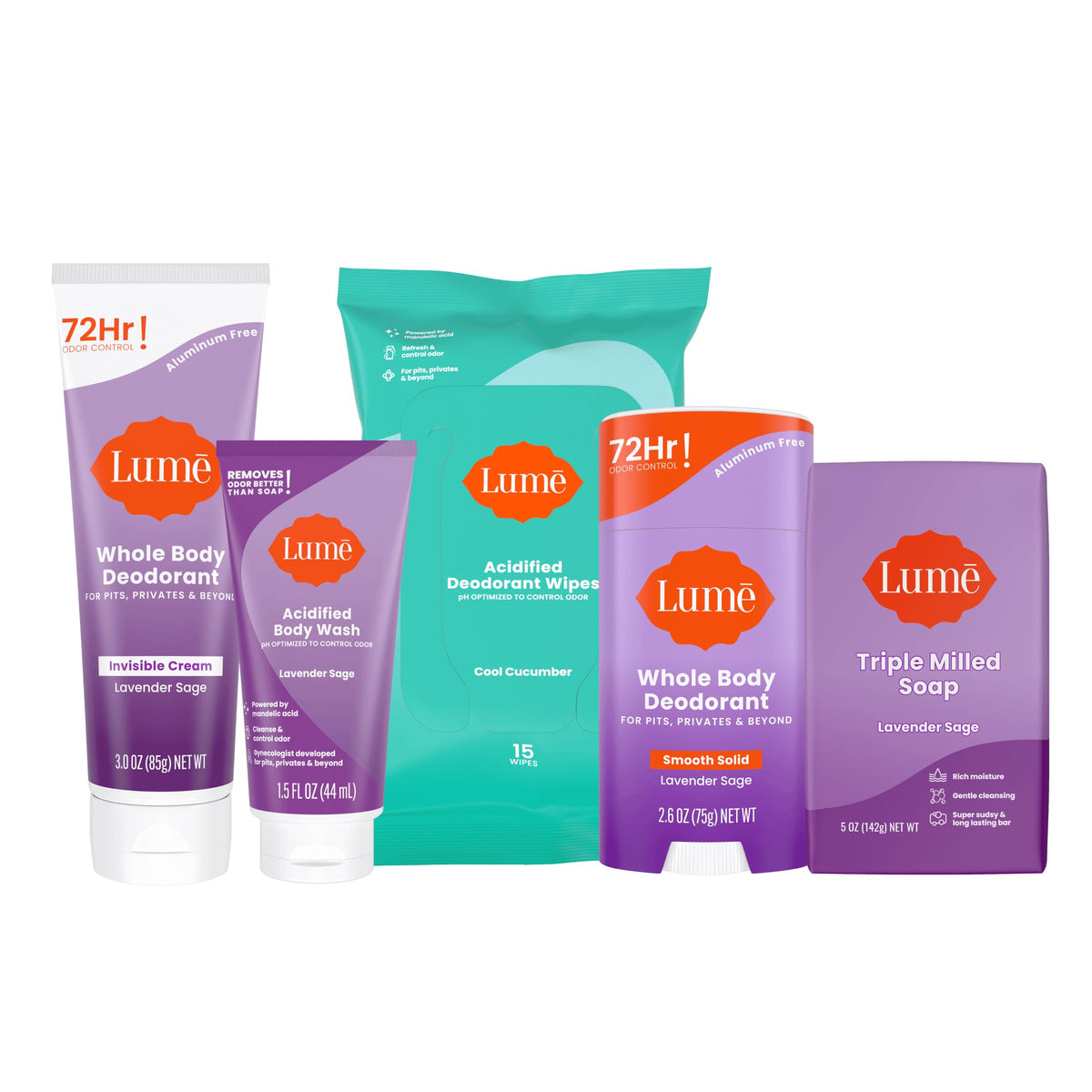 Lume Lavender Sage Smooth Solid Stick shown for long-lasting odor control