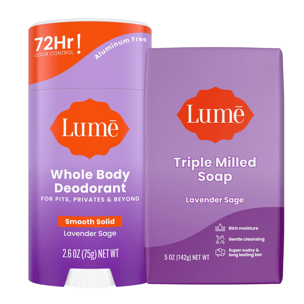 Lume smooth solid stick Lavender Sage application for long-lasting odor control.