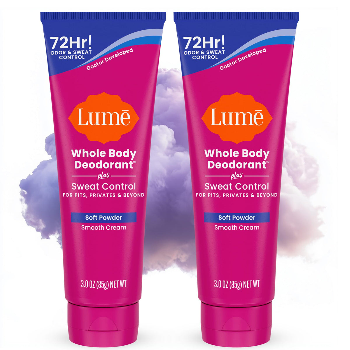 Lume soft powder cream tube 2-pack for all-over odor control.