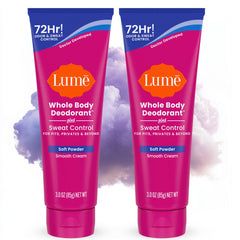 Lume soft powder cream tube 2-pack for all-over odor control.