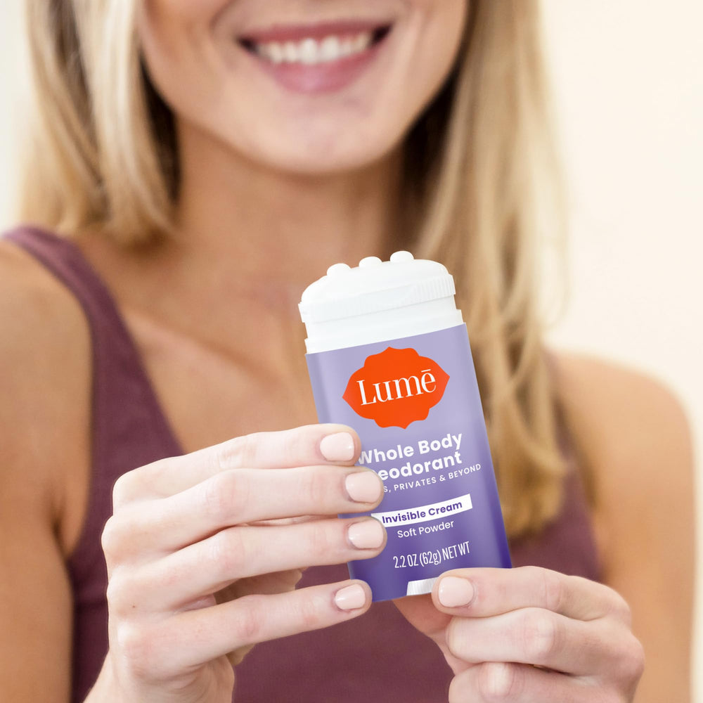 Lume soft powder scent label close-up emphasizes luxury fragrance and skin safety.