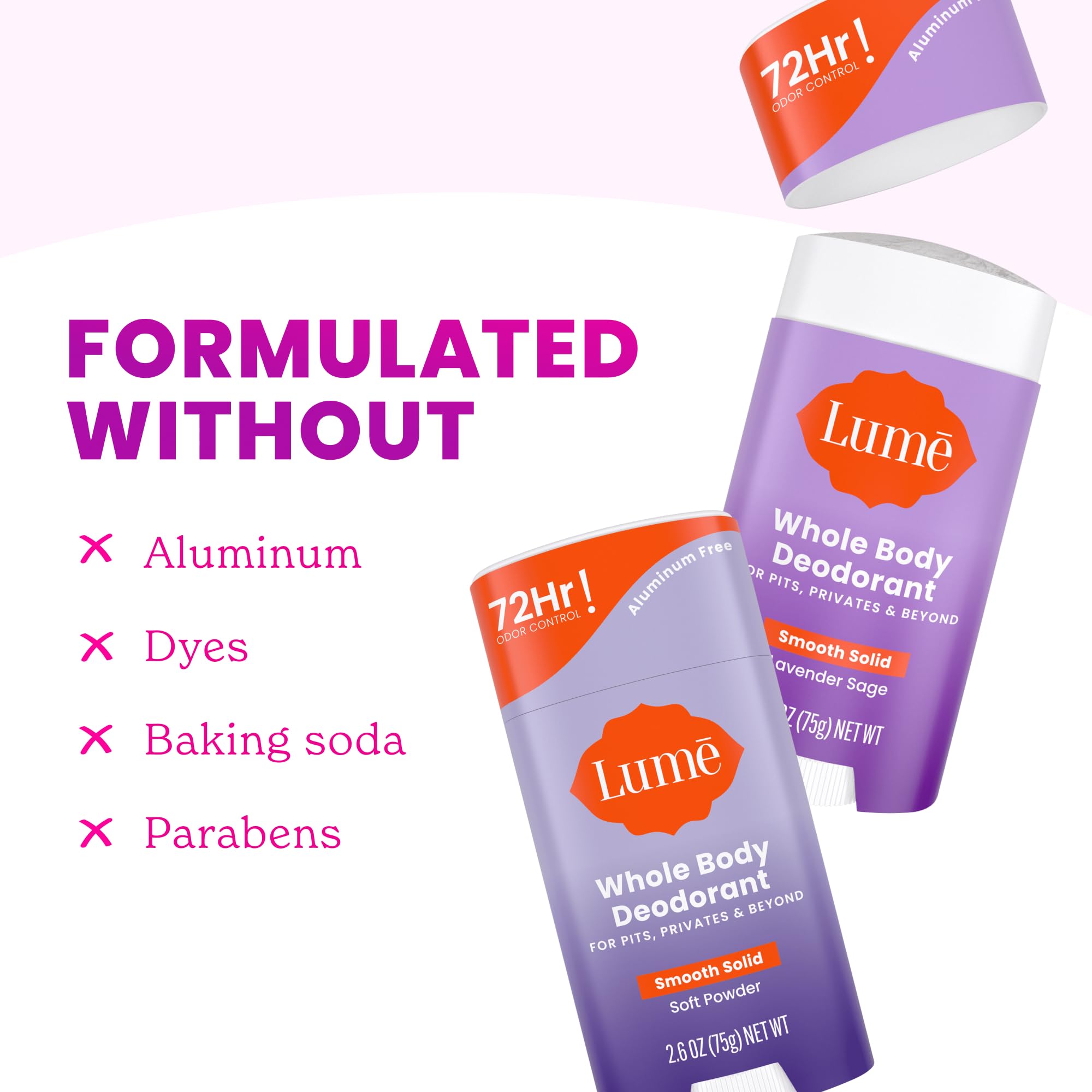 Lume soft-powder scent scene emphasizes skin-friendly, baking soda-free formula for sensitive areas.