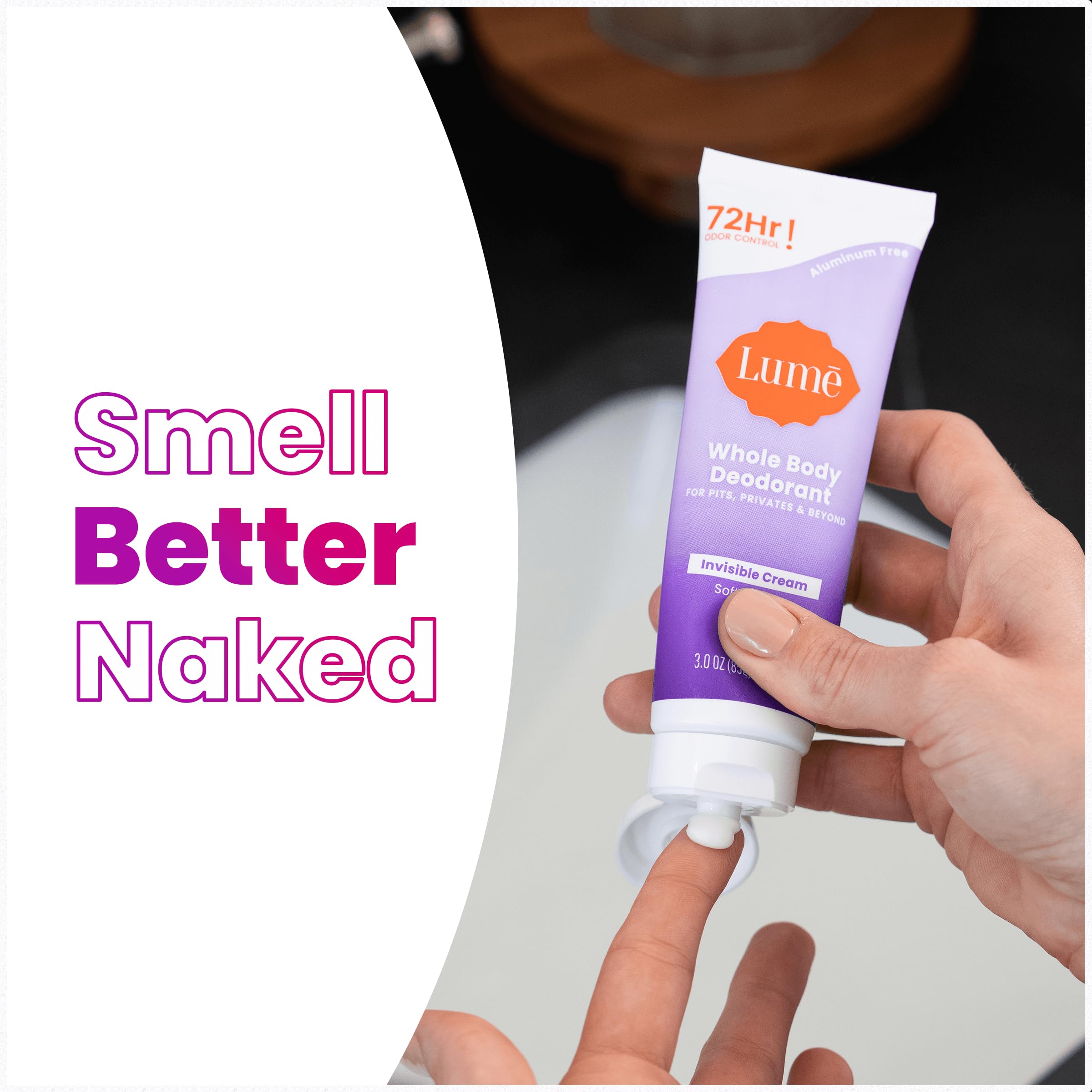 Lume soft-powder scent texture captured for luxurious rub-in feel.