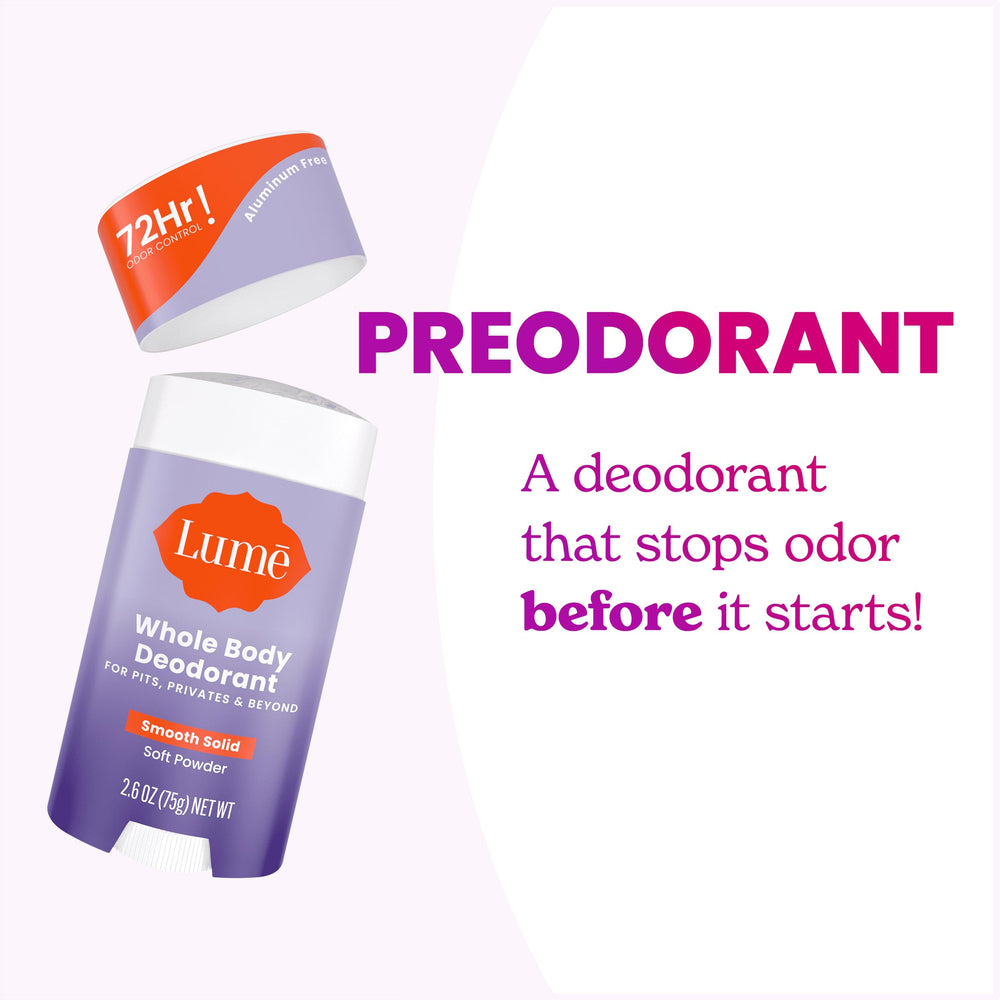 Lume soft powder scent and creamy texture in use.