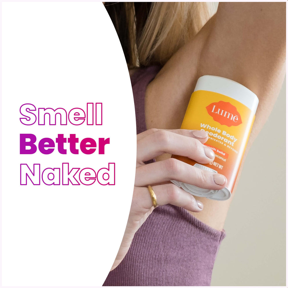 Lume toasted coconut scent enhances daily ritual with vanilla notes.