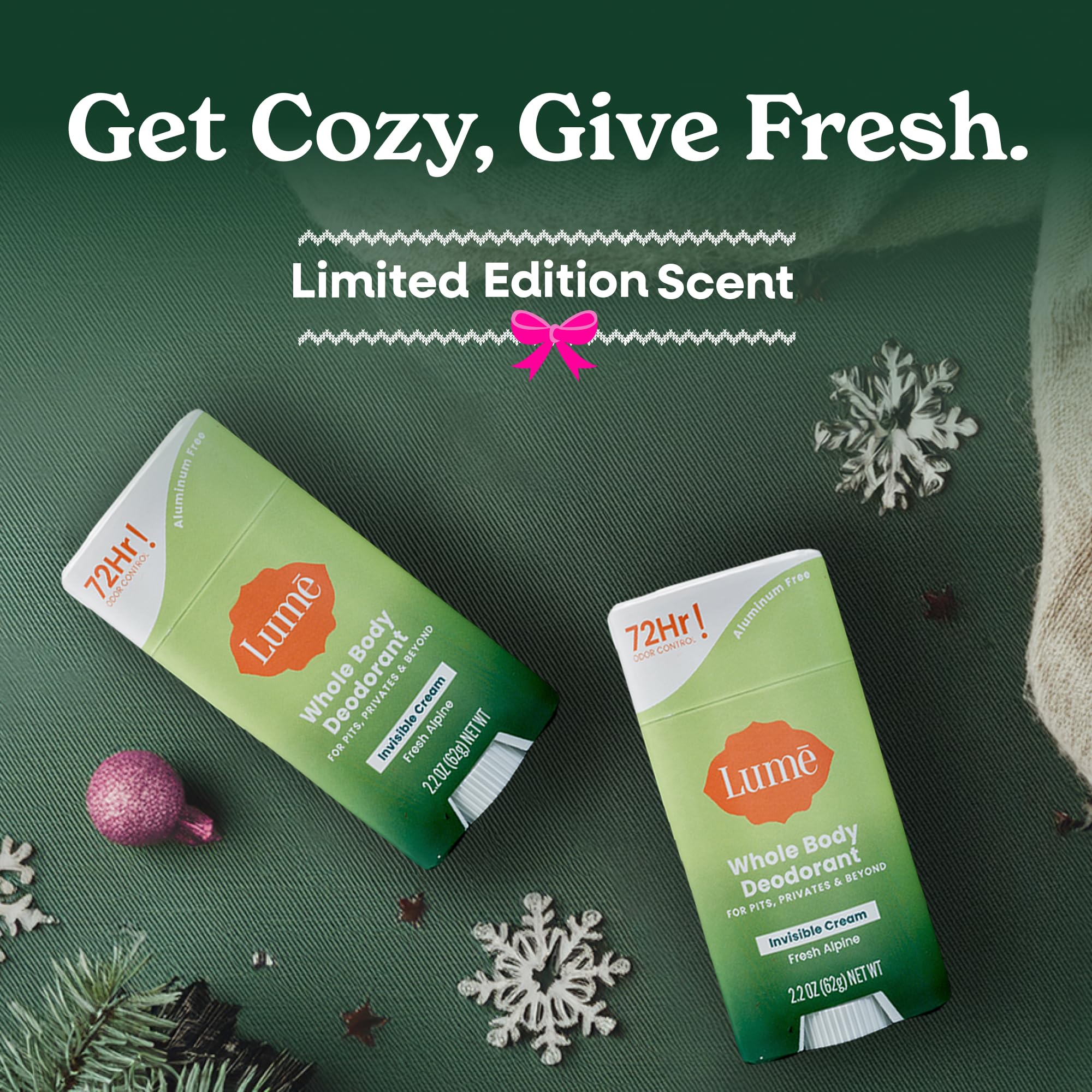 Lume travel-friendly 2.2-ounce package highlights portability for on-the-go freshness.