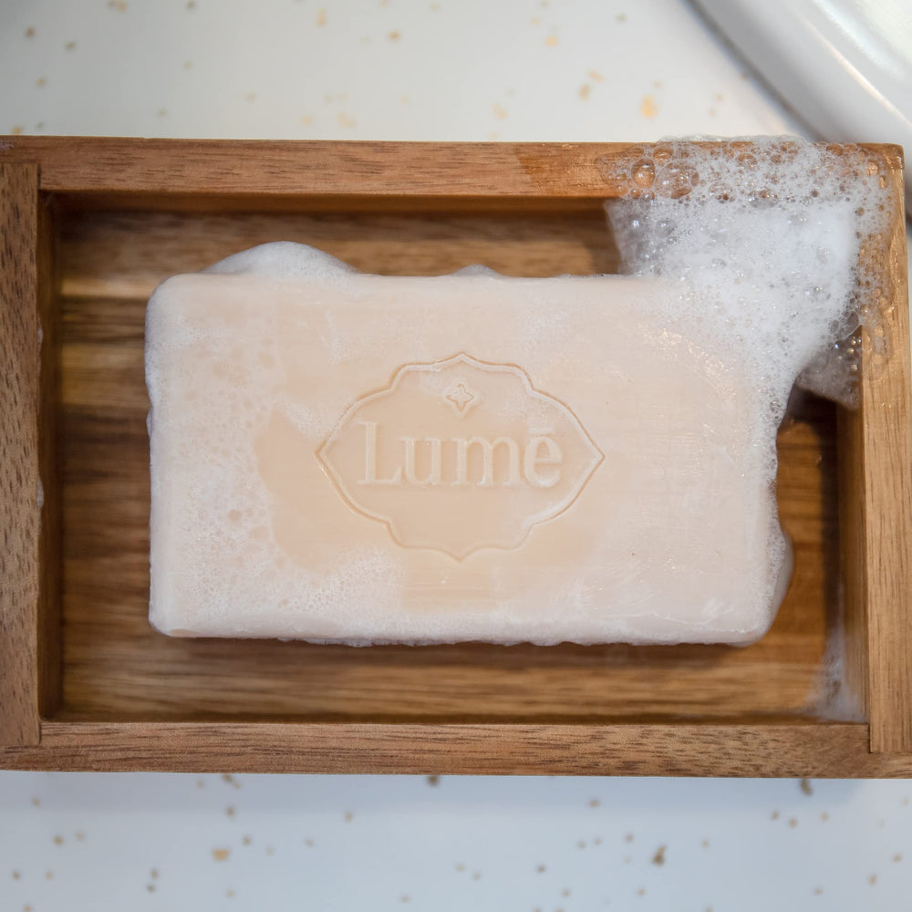 Lume triple-milled bar soap 4-pack close-up display for value-packed care.
