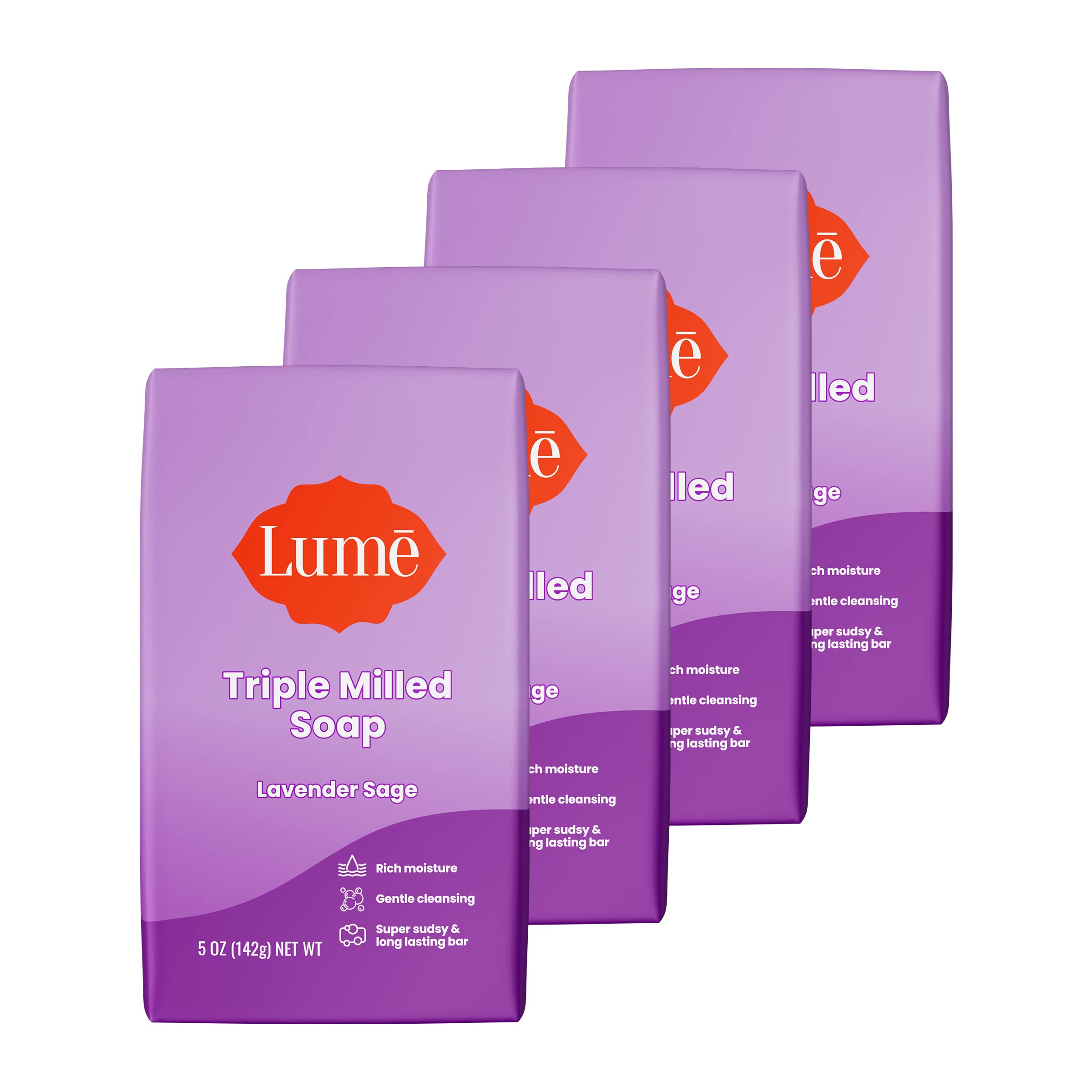 Lume triple milled bar soap packaging with Lavender Sage for gentle cleansing.