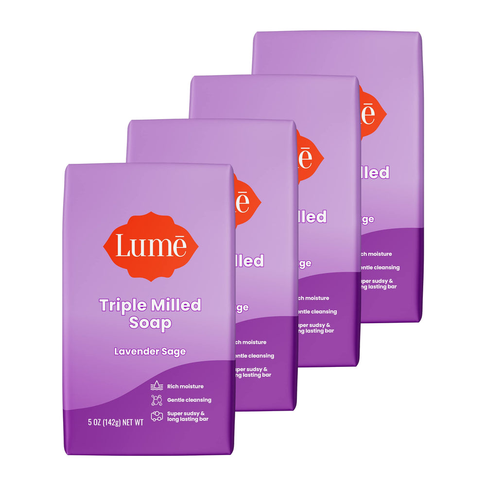 Lume triple milled bar soap packaging with Lavender Sage for gentle cleansing.