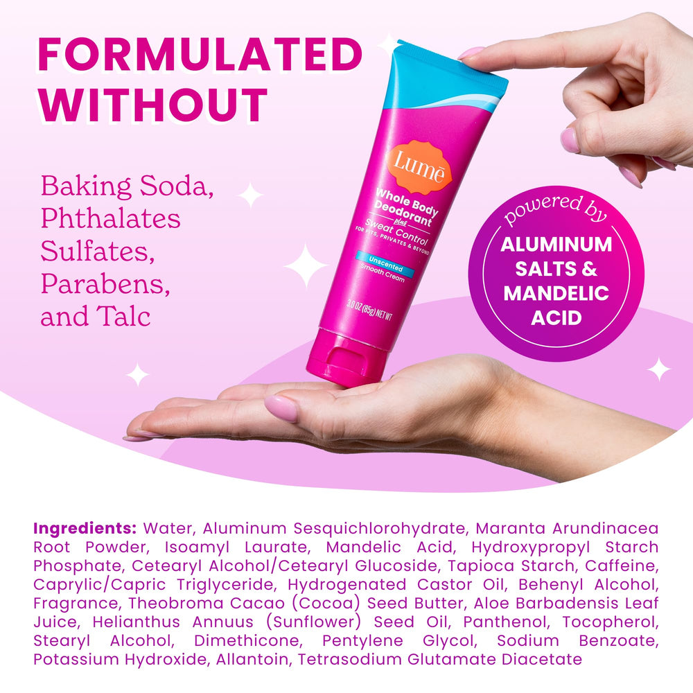 Lume unscented label close-up communicates baking soda-free, hypoallergenic formulation.