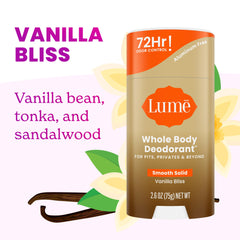 Lume Vanilla Bliss aluminum-free and baking soda-free formula for sensitive skin.