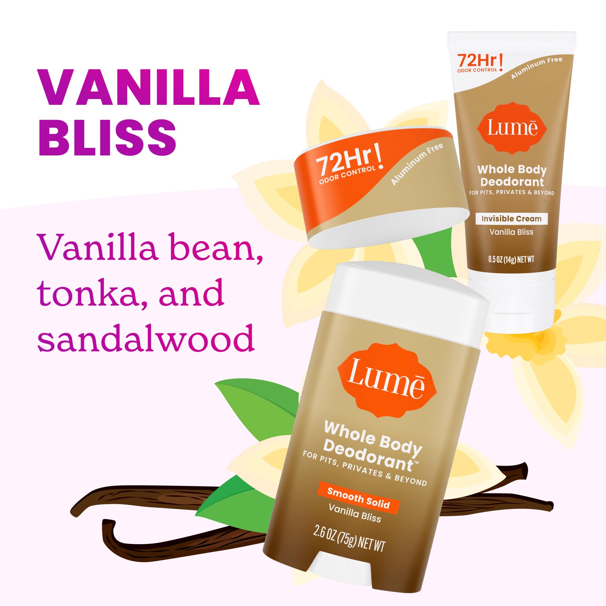 Lume Vanilla Bliss bundle packaging with mini cream and full-size stick shown.