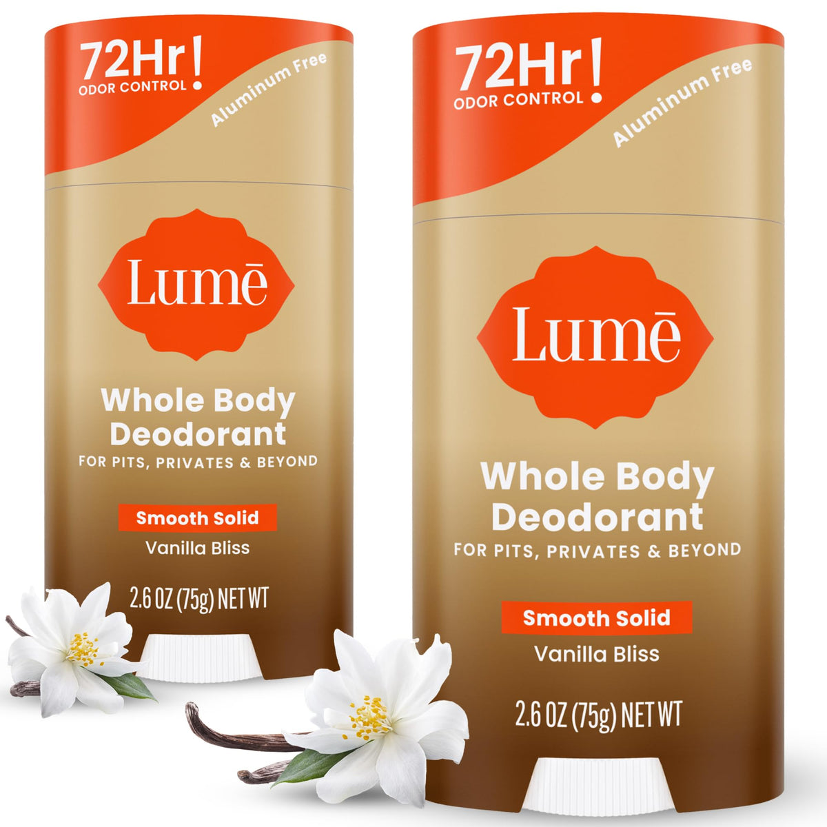 Lume Vanilla Bliss smooth solid stick being applied for everyday odor control.