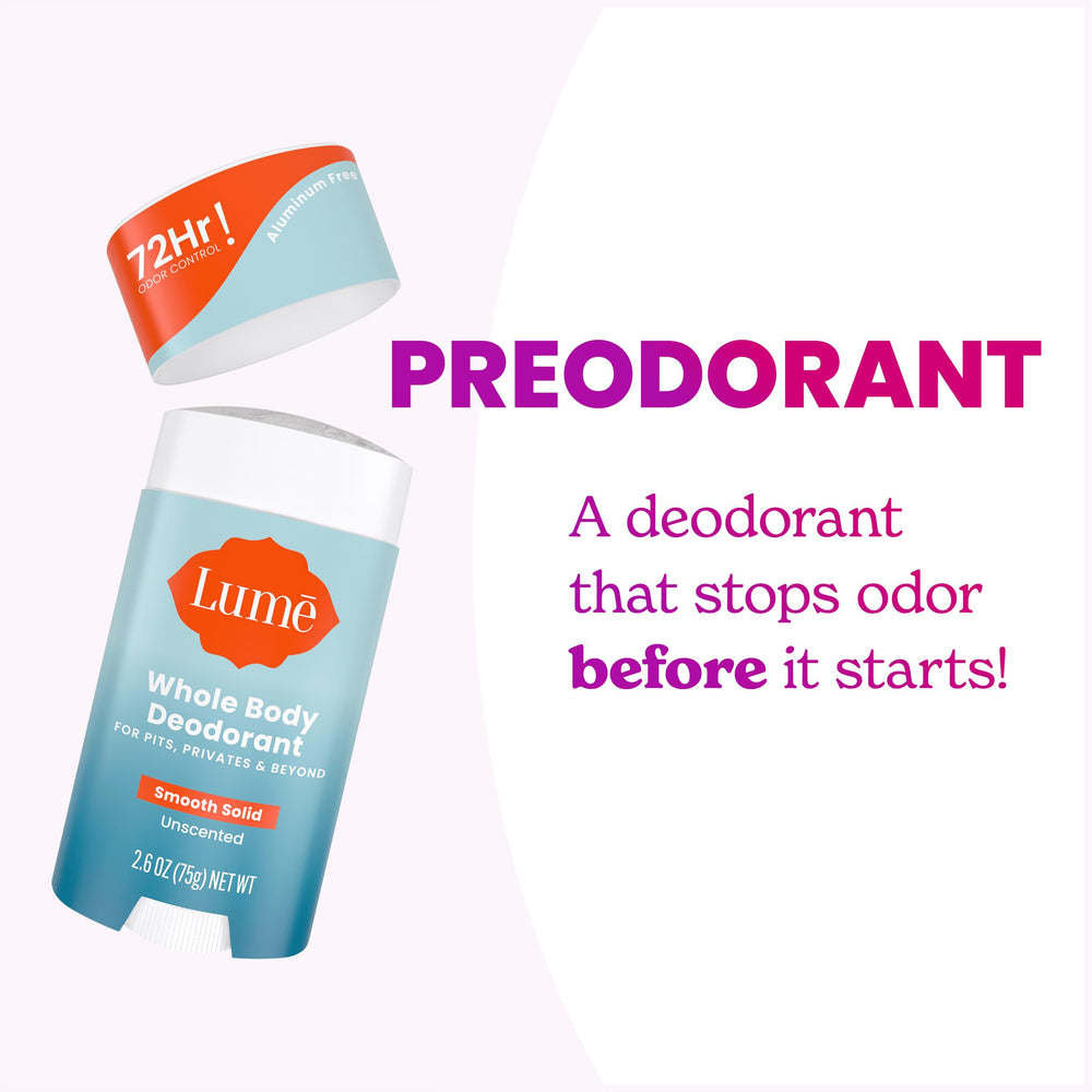 Lume Whole Body Deodorant 72-hour odor control graphic illustrates extended freshness potential.