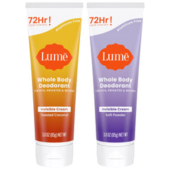 Lume Whole Body Deodorant Invisible Cream Soft Powder tube demonstrates all-day odor control.