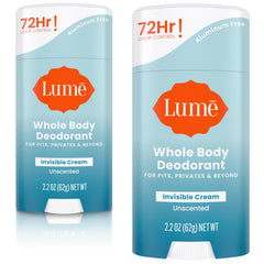 Lume whole body deodorant invisible-cream-stick closeup shows smooth texture with unscented odor-control