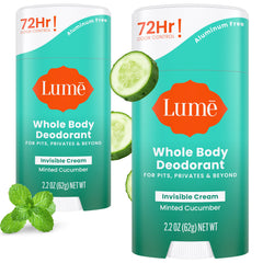 Lume whole-body deodorant packaging shows compact, travel-friendly design for on-the-go freshness.