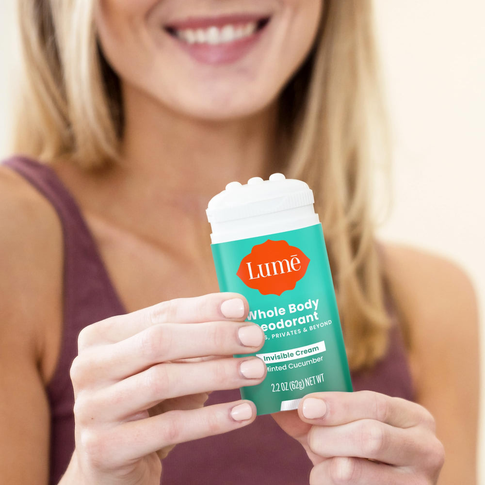 Lume cream-stick texture close-up highlights creamy formula that dries clearly without residue.