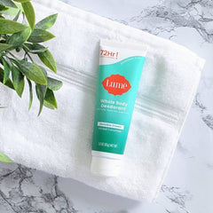 LUME Whole Body Deodorant invisible-cream-tube-application shows pea-sized amount for targeted use.