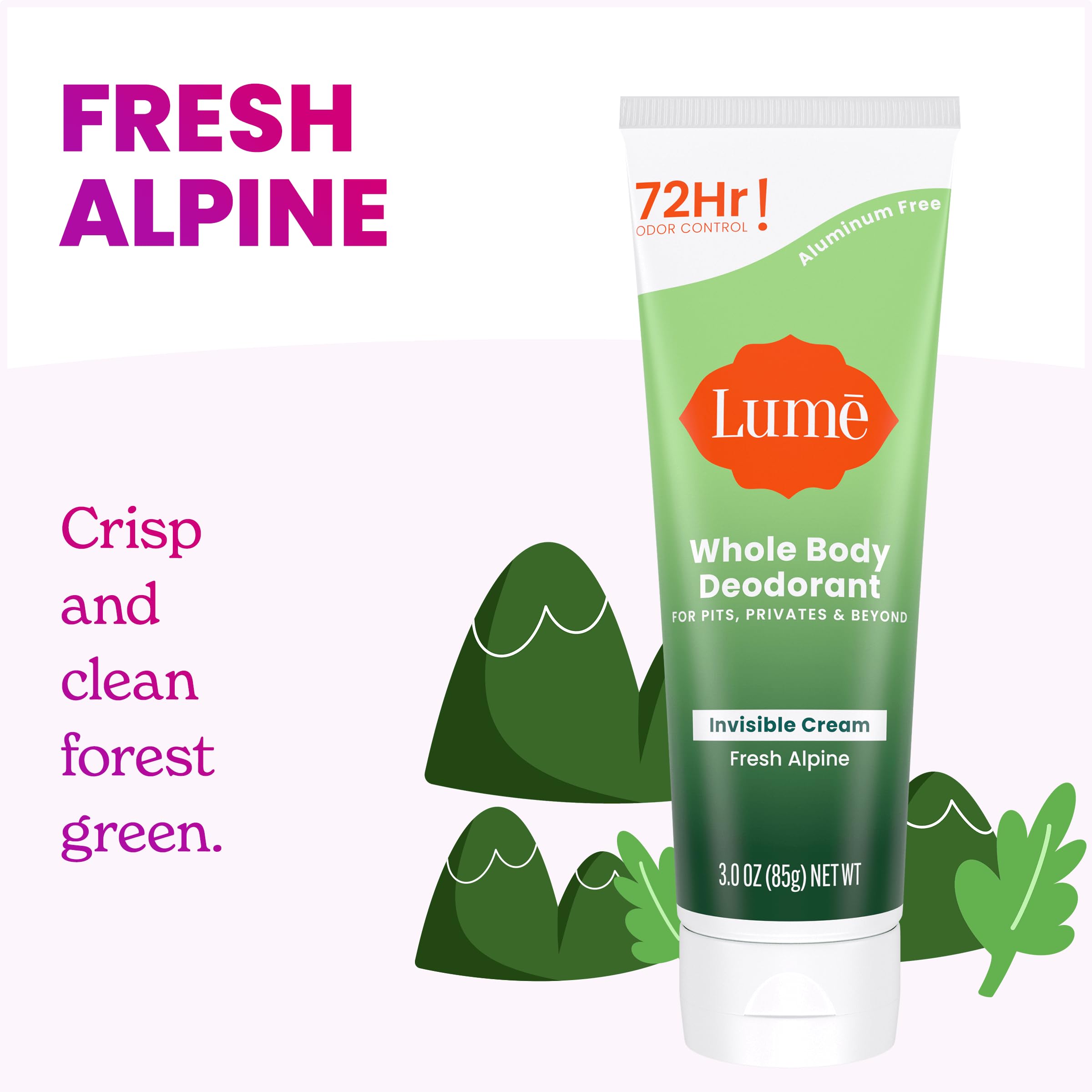 Lume Whole Body Deodorant invisible cream tube back label showing ingredients and benefits