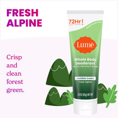 Lume Whole Body Deodorant invisible cream tube back label showing ingredients and benefits