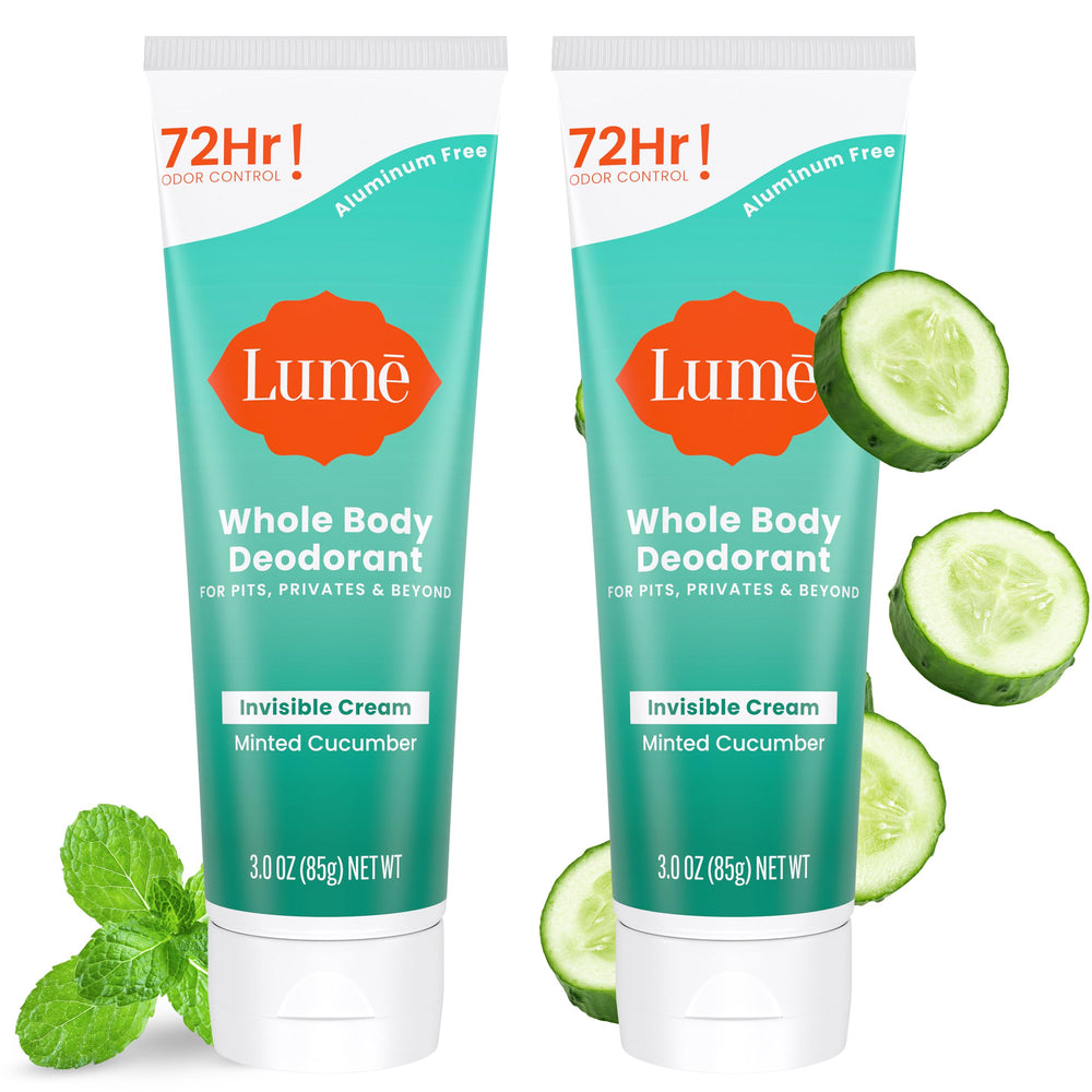LUME Whole Body Deodorant invisible-cream-tube-pack-2 packaging for all-day odor control.