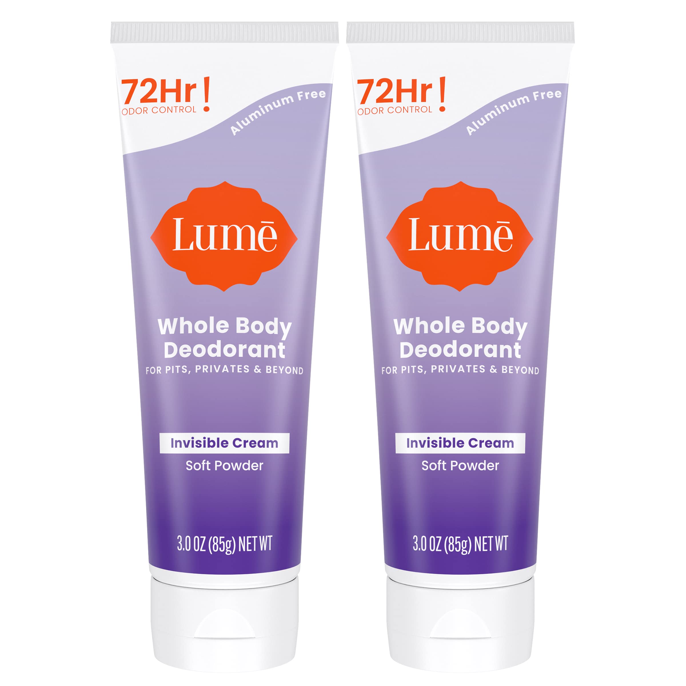 Lume whole body deodorant invisible-cream tube shows soft powder finish for all-day freshness.