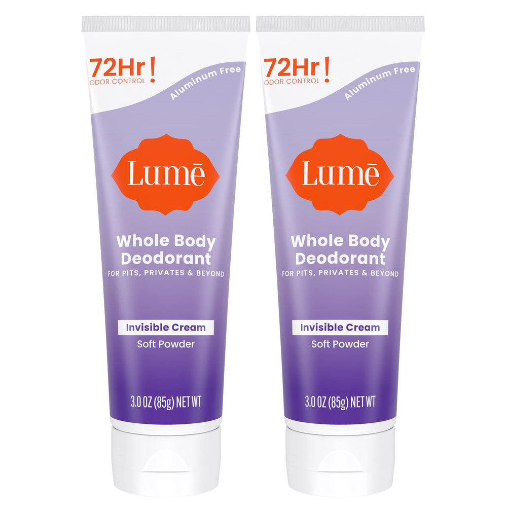 Lume whole body deodorant invisible-cream tube shows soft powder finish for all-day freshness.