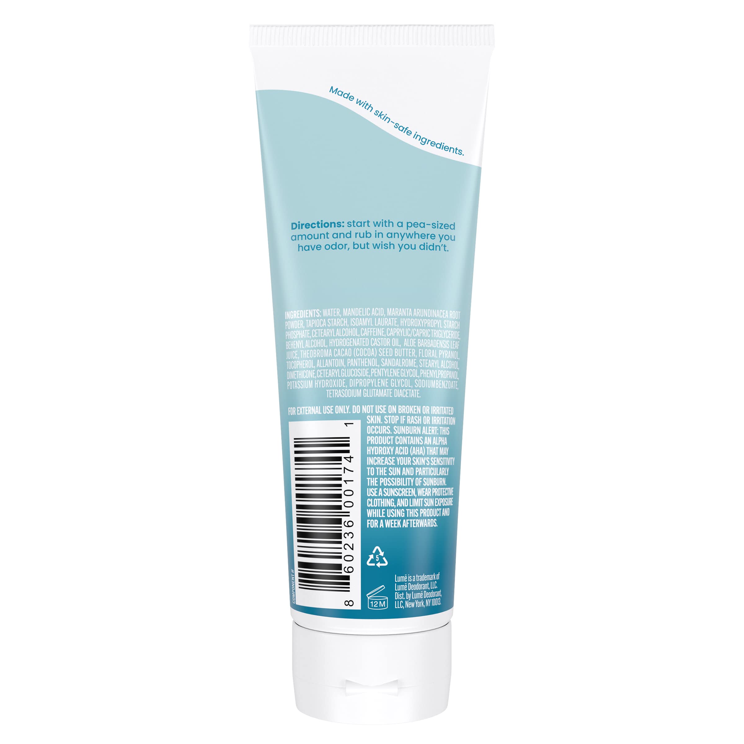 Lume invisible cream tube texture close-up highlights smooth rub-in formula for gentle odor protection