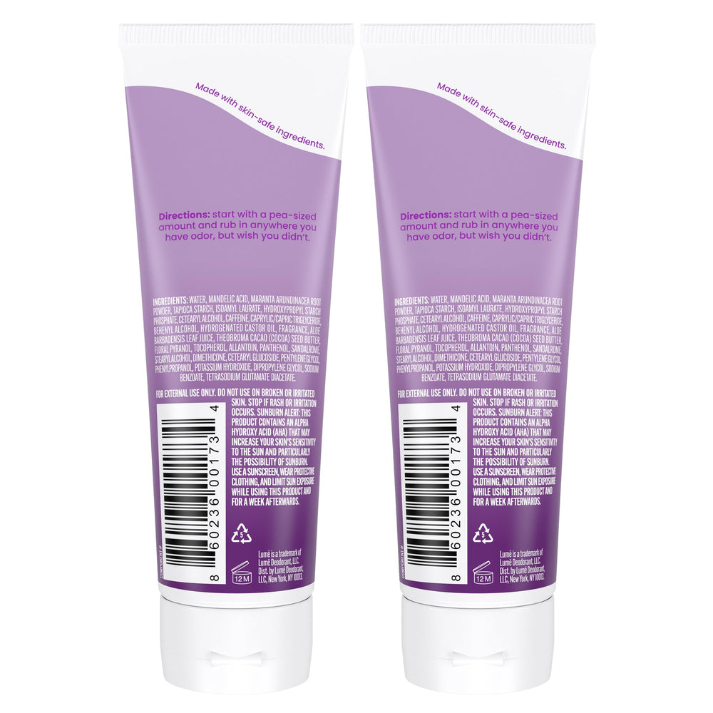 Lume Whole Body Deodorant Lavender Sage packaging with two tubes close-up emphasizes portability.
