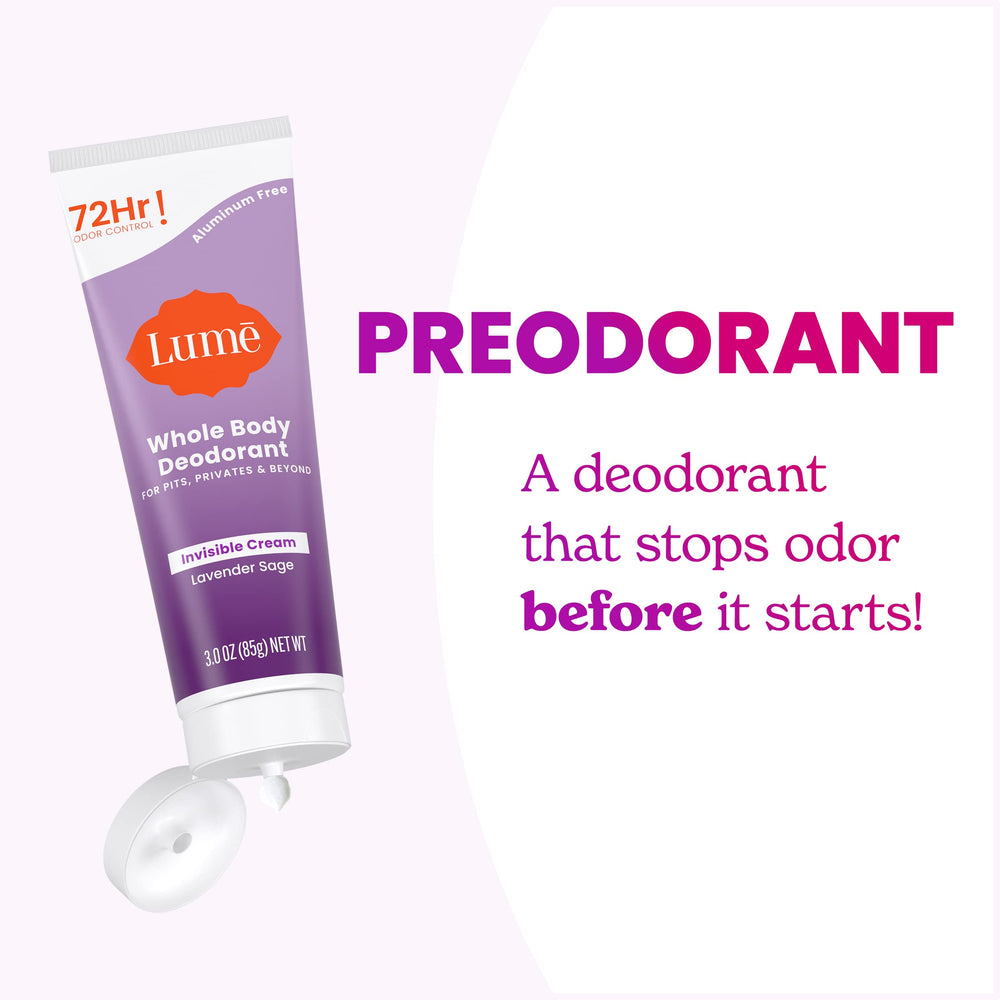 Lume Whole Body Deodorant Lavender Sage textured cream close-up highlights skin-friendly formula.